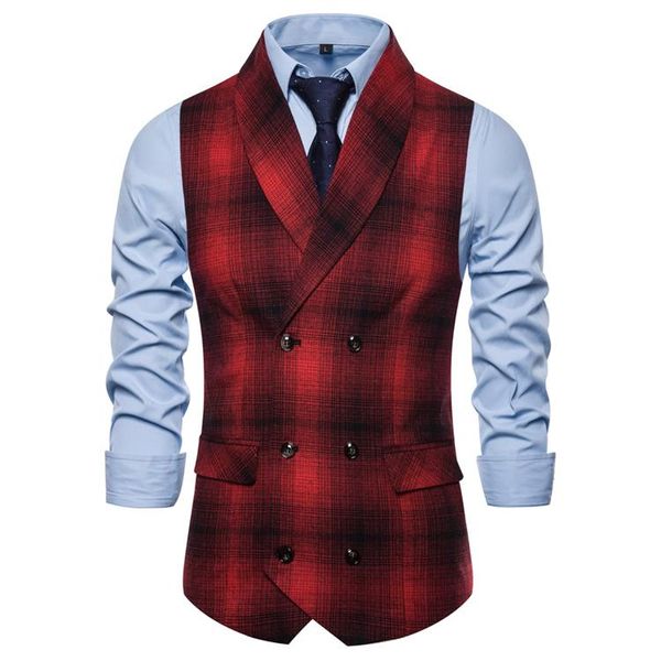 

men's vests business vest waistcoat men casual green fruit collar checked double breasted, Black;white
