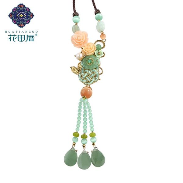 

pendant necklaces ethnic handmade flower leaf knot necklace for women resin jad e glass opal tassel dangle long cl18084, Silver
