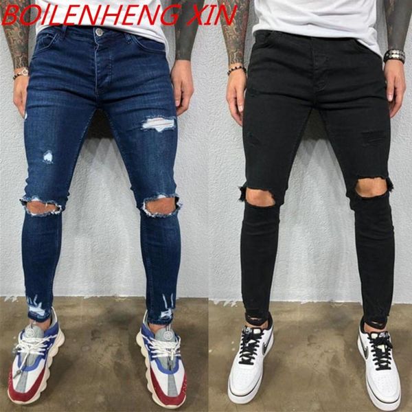 

2021 knee hole ripped jeans men skinny high street style elasticity slim frayed casual men pants trousers jogging pencil pants, Blue
