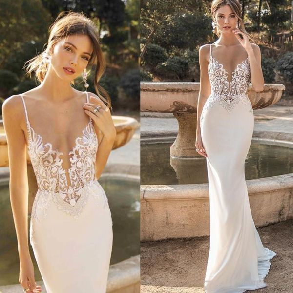 

2021berta beach mermaid wedding dresses lace backless bridal gowns bohemian plus size spaghetti dress, White