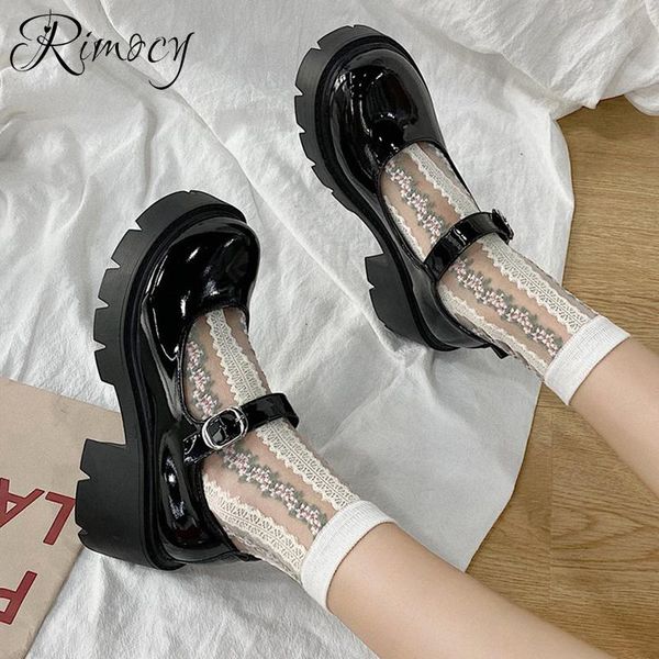 

dress shoes vogue spring patent leather woman chunky heels platform pumps women round toe ankle strap mary jane lolita, Black