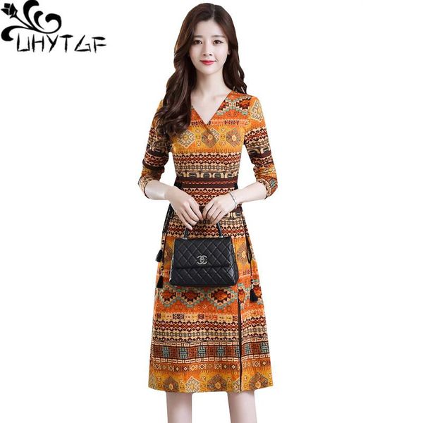 

casual dresses uhytgf summer dress women's fashion print national style cheongsam korean long-sleeved v-neck 4xl plus size 911, Black;gray