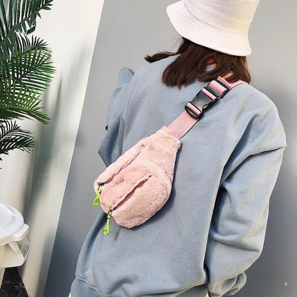 

women waist bags double zipper plush waist pack anti-theft chest bag outdoor sport shoulder bag functional bags bolsa mujer
