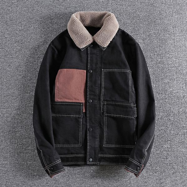 

2021 color contrast stitching fashion open line design versatile coat plush black denim jacket for men outerwear padded 0616 v1rm