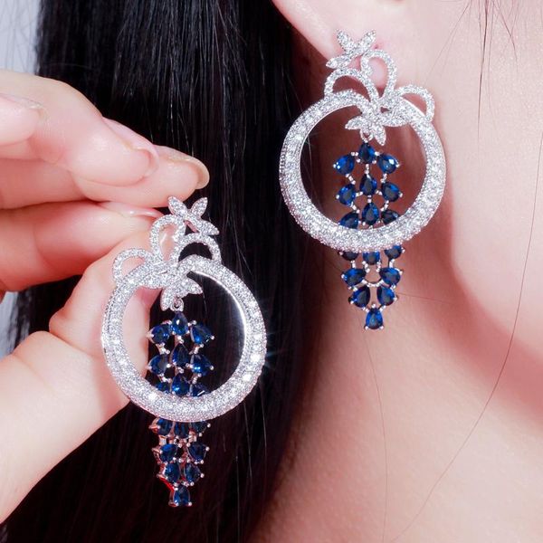 

dangle & chandelier geometric round drop long royal blue earrings luxury women cz crystal wedding evening party jewelry cz618, Silver