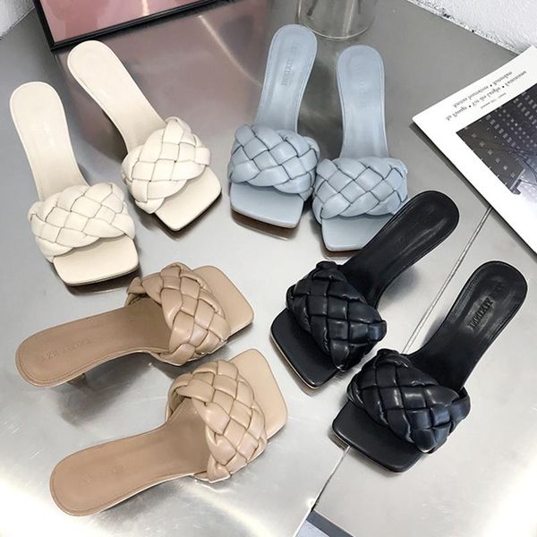 

slippers luxury design weave slides women 7cm high heels mules fetish summer sandals low platform mom slap blue shoes, Black