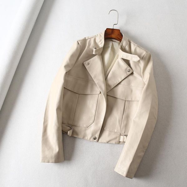 

women's jackets [ewq] 2021 spring female turn-down collar long-sleeved single breasted suit slim minimalist short pu leather coat 8y745, Black;brown