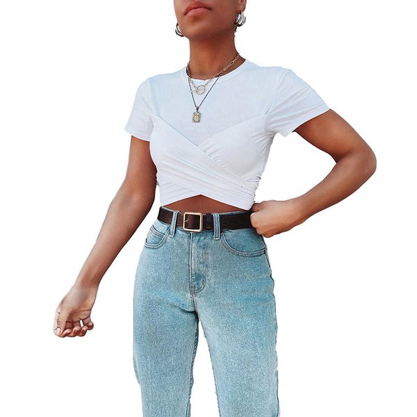

fashion trend women summer white around the throat crop holiday party bandage slim fit for cross t-shirt tees finger clothing
