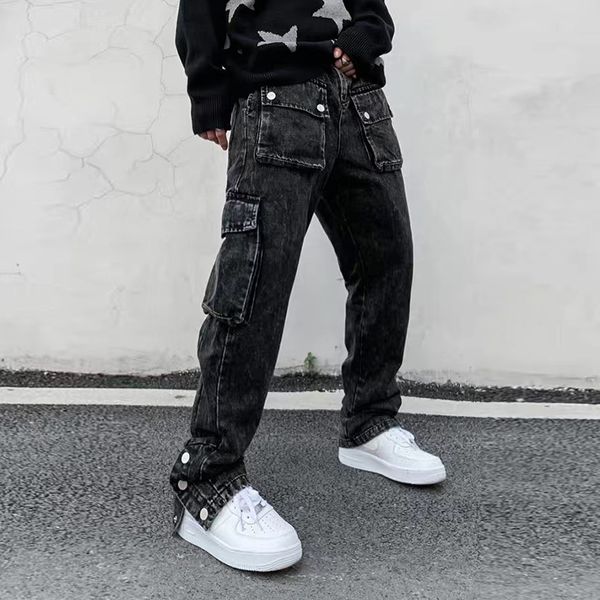 

2021 new "high street, washed multi-pocket denies men's pants, button of retro-straight ankle for men oversize hip hop baggt pants, Blue