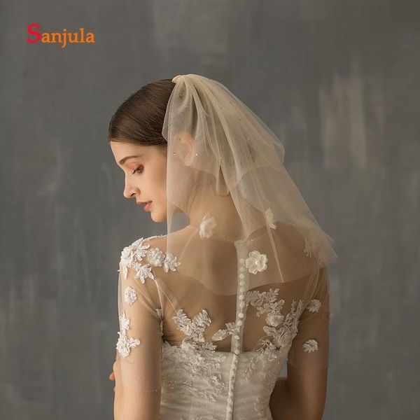 

bridal veils champagne tulle short wedding veil with comb beaded layers cut edge accessories velo de novia corto v127, Black
