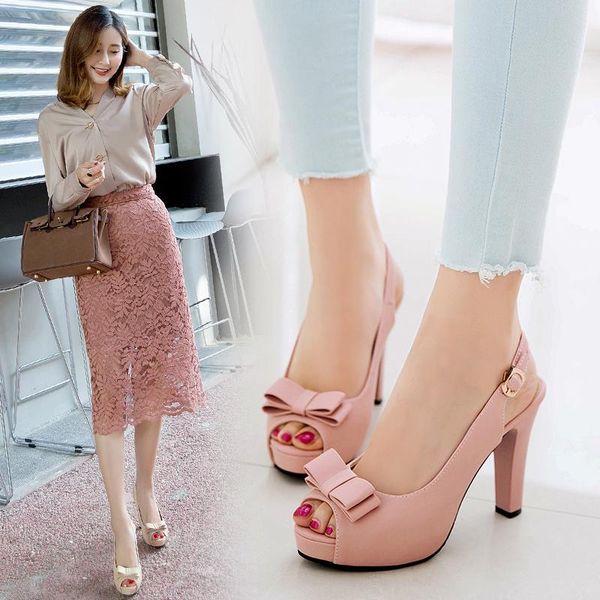 

dress shoes summer pumps women's bow-knot thick heel open toe fish mouth fine with high heels sandals zapatos mujer size 33-43, Black