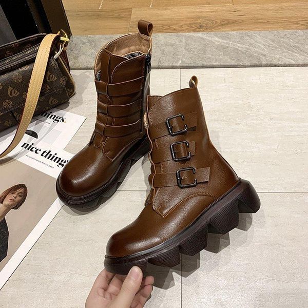 

boots 2021 winter women chunky ankle fashion brand leather platform ladies gladiator brown shoes woman british style, Black