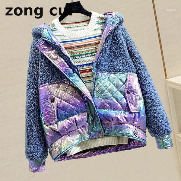 

women's down & parkas autumn / winter 2021 lambs wool splicing thickened cotton padded gradual loose hooded short blue coat1, Black