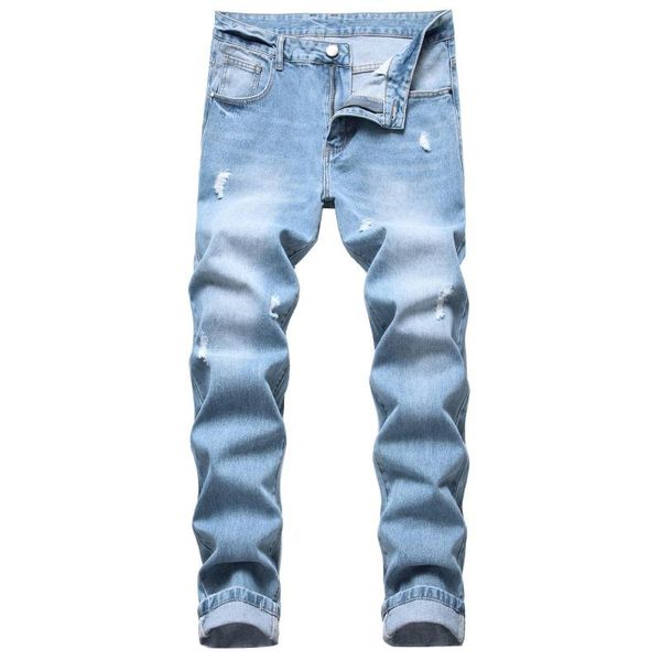 

men's jeans straight denim long ruined ripped non-stretch pants light blue men