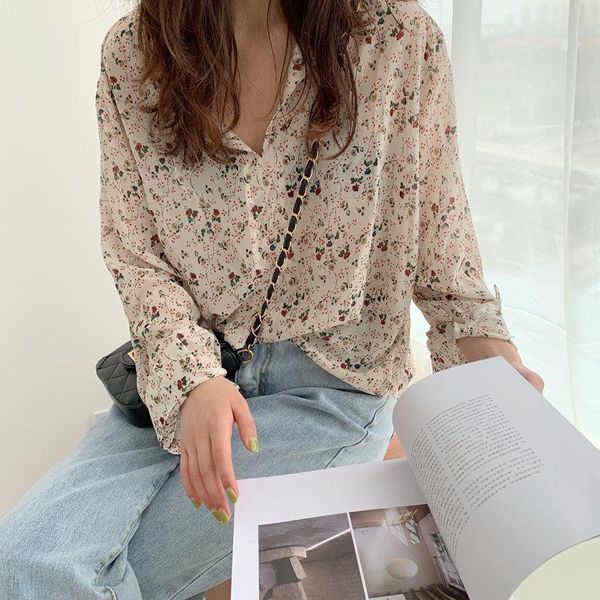 

hzirip 2021 sweet chiffon print floral casual prairie v neck high street korea holiday fresh party cute all match shirts, White