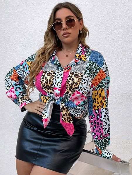 

plus leopard patchwork button up blouse b3bf#, Black