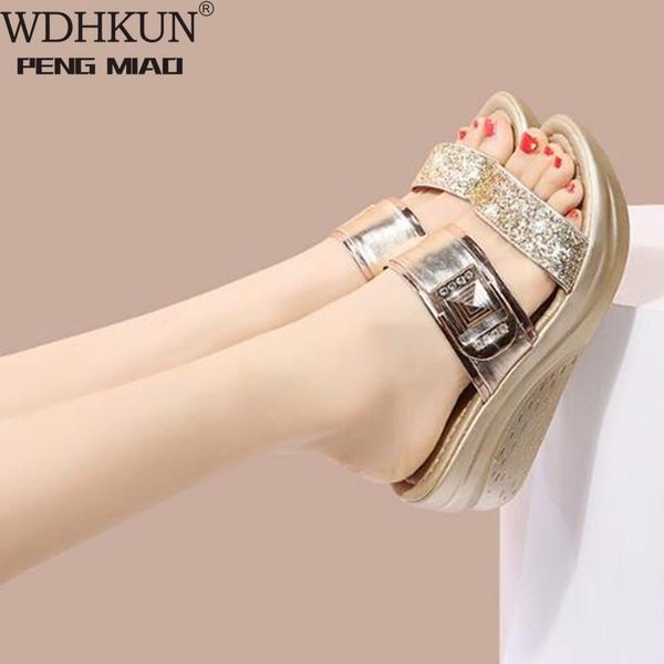 

2021 fish mouth open toe women slippers summer solid peep toe casual wedge platform shoes ladies glittering sandals women shoes, Black