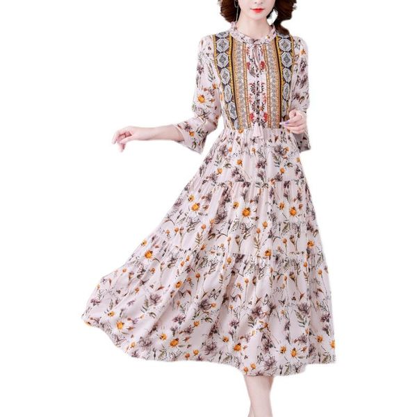 

casual dresses spring autumn women ruffled neck three quarter sleeve slim long dress retro pattern floral print elegant, Black;gray
