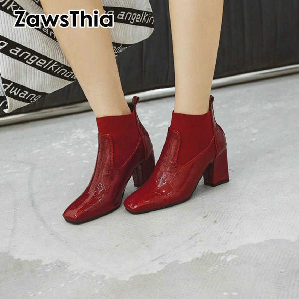 

zawsthia winter spring red white square toe woman pumps elastic band stretch ankle boots chunky high heels boots plus size 45 210611, Black