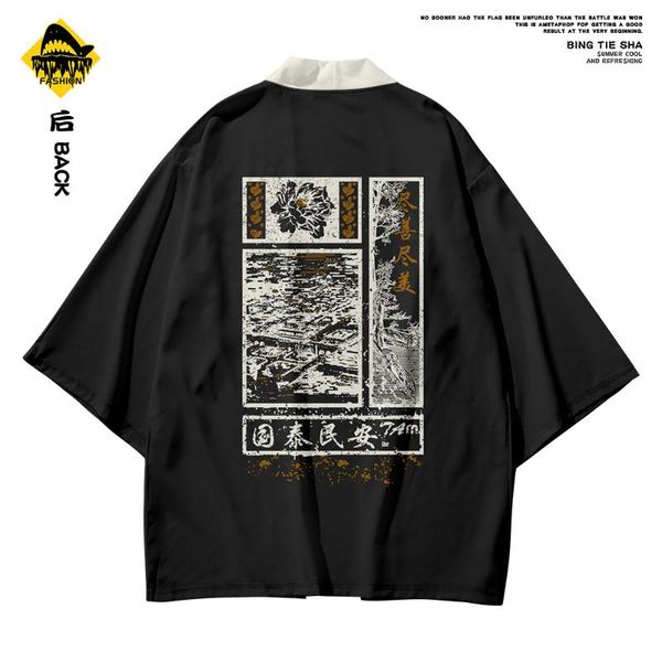 

ethnic clothing men harajuku chinese style cardigan and pant set haori obi samurai black print kimono yukata asian clothes jackets, Red