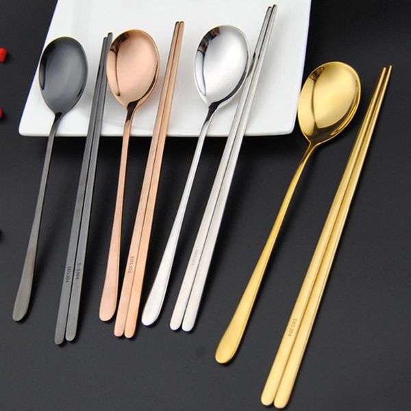 

flatware sets 2pcs/set portable 304 stainless steel korean dinnerware black rose golden silver chopsticks spoons tableware 50set/lot