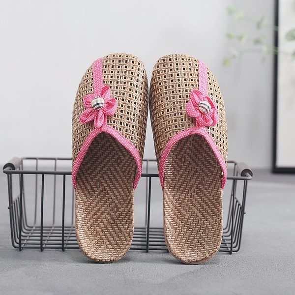 

slippers cane women half slipper shoes for summer flower toe closed 2021 female mules home breathable linen shoe, Black