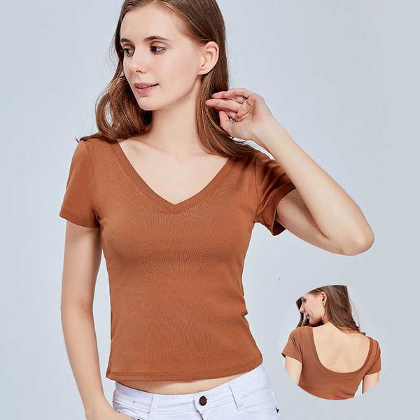 

tracksuits 2021 v-neck waist length cotton belt pad bra cup one half t-shirt short sleeve home yoga girl, Gray