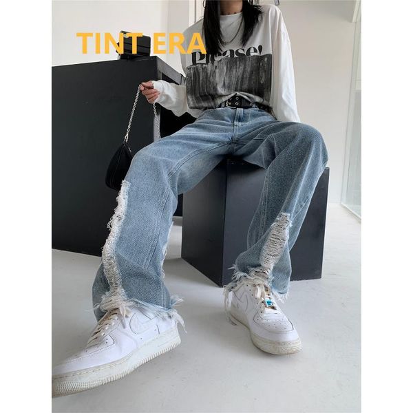 

women's jeans tint era y2k ripped women 2021 spring autumn wear all-match casual straight light blue frayed old pants korean fashion