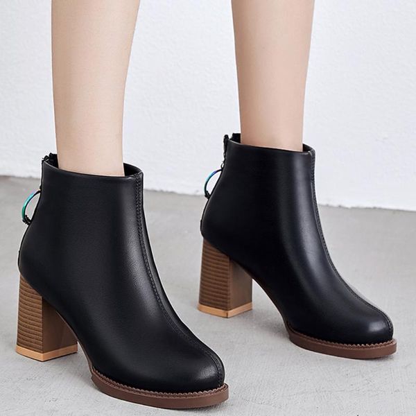 

boots snow women winter sewing line ladies leather wedge round head ankle boot female comfort back zipper shoes plus size, Black