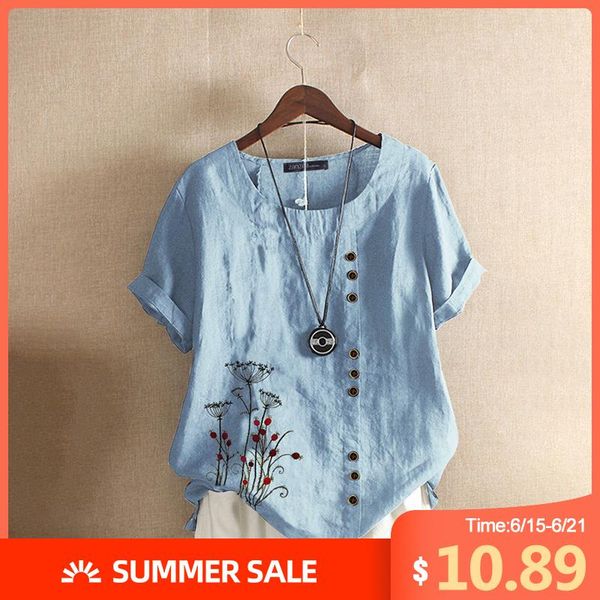 

2021 summer short sleeve shirts zanzea vintage printed blouse women casual o neck cotton linen tunic female chemise blusas, White