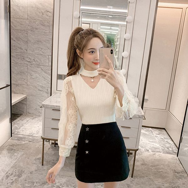 

2021 new spring autumn woman fashion sweet lace stitching knitting pullover elegant hollow out long sleeve sweaters jhxn, White;black