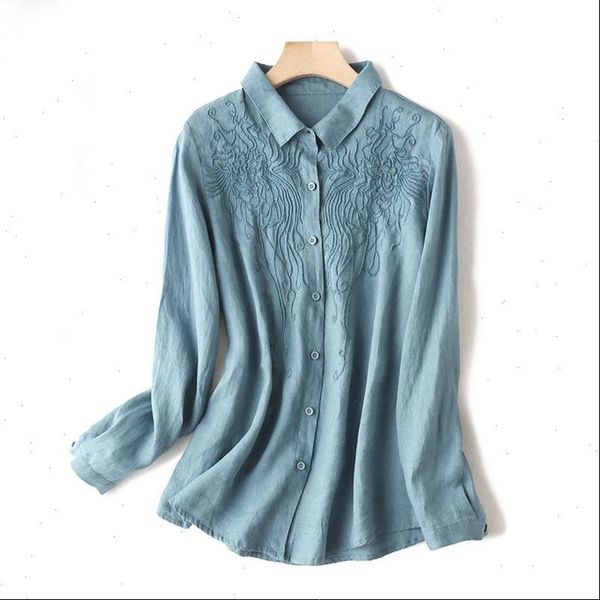 

plus size women clothing linen button up shirt women long sleeve white office embroider cotton ladies blouse casual