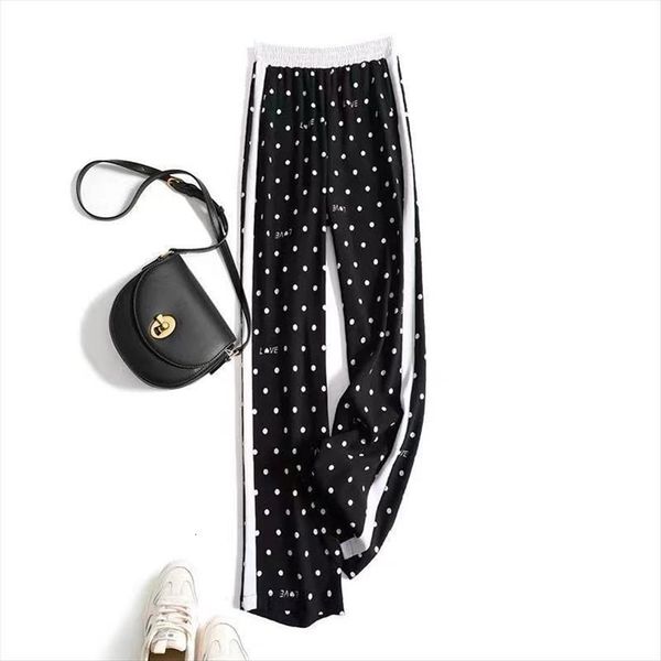 

high waist large size chiffon womens capri wide leg black spring and summer wave dot printing draped straight casual pants, Black;white
