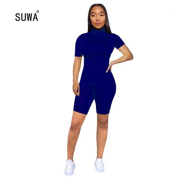 

summer casual solid color two piece set women's suit femme high collar zip up and skinny shorts tracksuit tracksuits, Gray