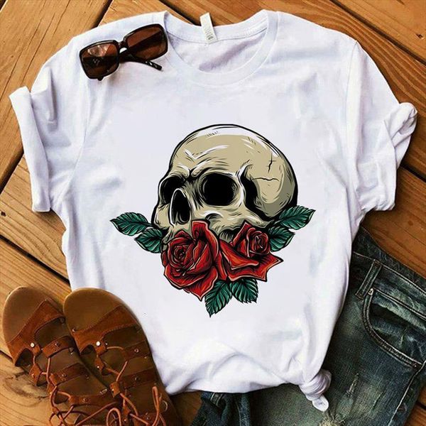 

summer harajuku skull flower print women t shirt tee short sleeve graphic fashion femme plus size, White