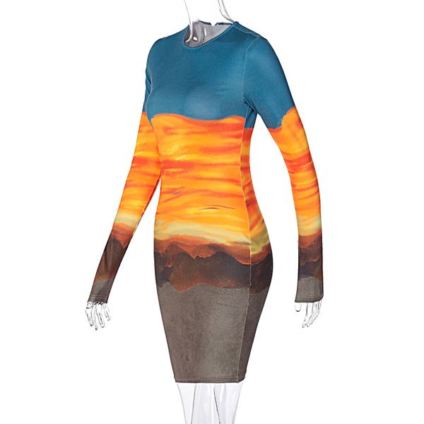 

print bodycon dress for women long sleeve dress o-neck mini dress autumn women fashion streetwear club wear, Gray