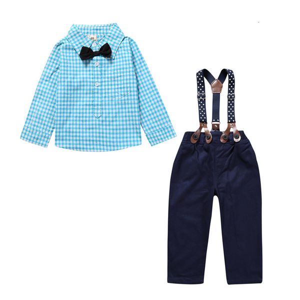 

2021 new gentleman style baby boy's clothing sets casual kids boy set long sleeve plaid shirt strap pants cotton clothes suits eome, White