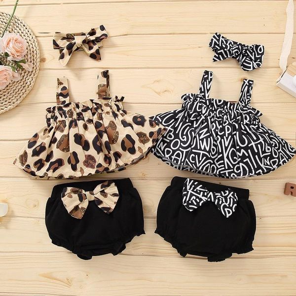 

girl's baby dress set summer new girl's baby leopard print letter print suspender + pants three piece set send headdress, White