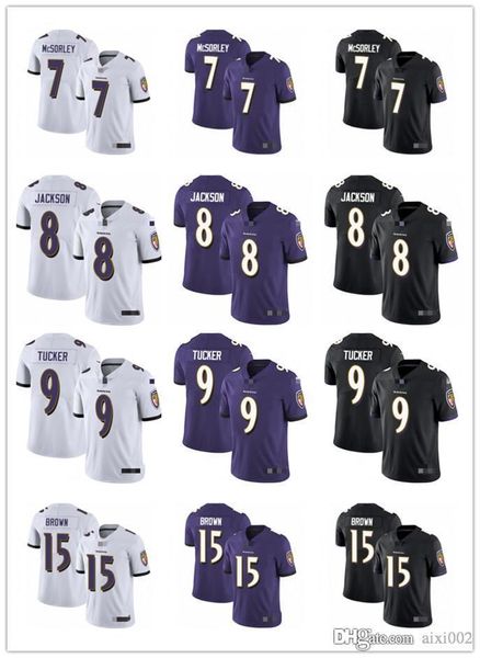 

men women youth baltimore ravens 8 lamar jackson 9 justin tucker 15 marquise brown 7 trace mcsorley black purple football jersey, Black;red