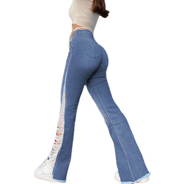 

women high waist jeans pant stretch ripped holes denim flared pants fashion trendy female casual slim jeans trousers, Blue