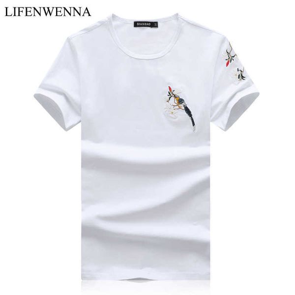

fashion flower and bird embroidery t shirt men summer casual o neck short sleeve men's t shirts cotton slim tees m-5xl 210528, White;black
