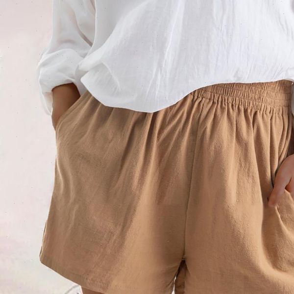 

summer shorts women 2021 casual pure color elastic waist linen pockets casual shorts fashion female wide leg short feminino, White;black