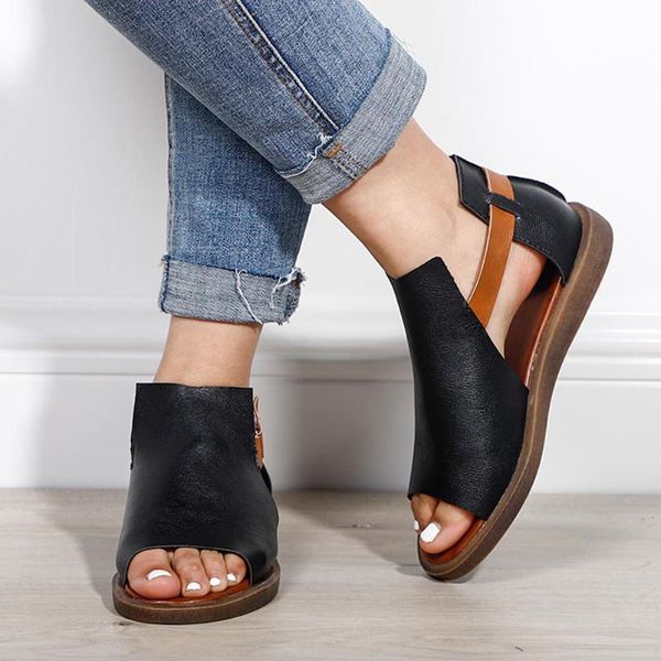 

1pair casual open toe women sandal home wear resistant flat heel comfortable non slip beach summer party artificial pu solid, Black