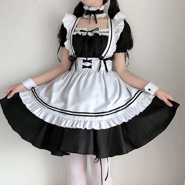 Siyah Sevimli Tatlı Lolita Hizmetçi Kostümleri Garson Kızlar Kadınlar Güzel Seksi Cosplay Kostüm Animasyon Gösterisi Japon Kıyafet Elbise Giysileri Mini Pinafore Artı Boyutu S-2XL
