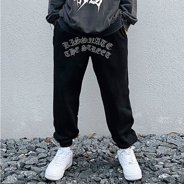 

2021 new high street rhinestone decorar joggers sweatpants homens cordo de tamanho e baggy harem hip hop solto calas casuais vhue, Black