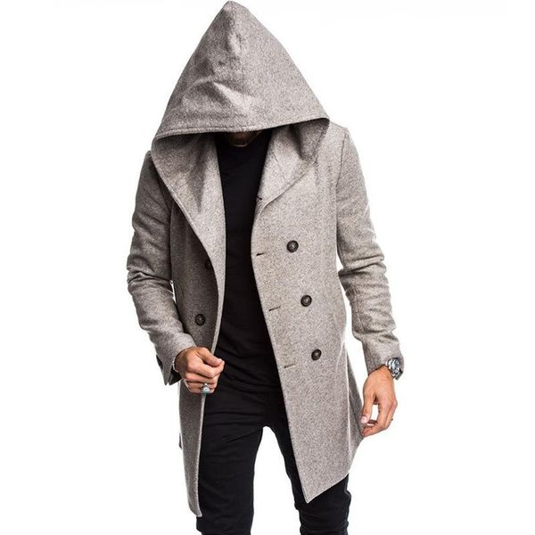 Cappotto da uomo in misto lana con cappuccio Tendenza moda Cardigan a maniche lunghe Giacca a vento doppio petto Capispalla Maschile invernale Casual Cappotti di media lunghezza