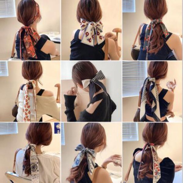 

new ponytail scarf elastic hair rope women hair bow ties scrunchies flower print ribbon hairbands girls elegant headwear, Slivery;white