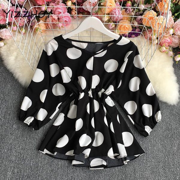 

women's blouses & shirts yizzhoy summer blouse female fashion lantern sleeve high waist a-line lady women casual polka dot v-neck loos, White
