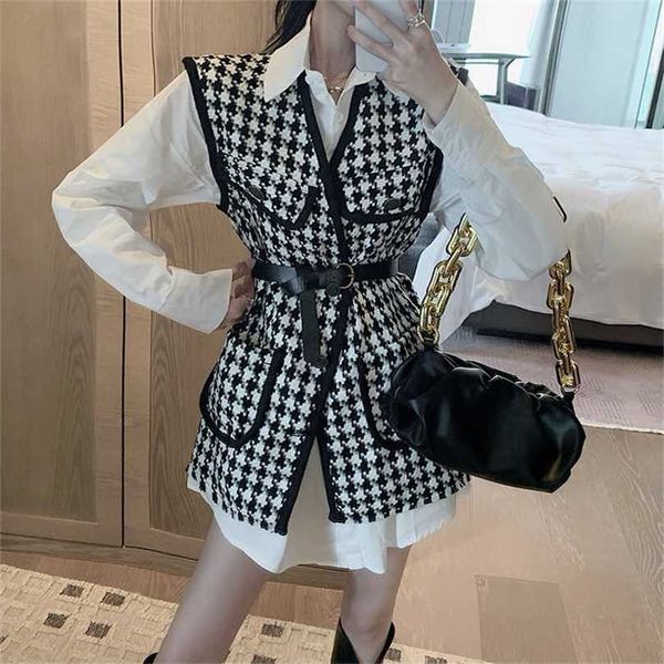

[ewq] autumn suit solid color simple women blouse + chic sashes slim waist plaid panelled patchwork vest coats 2 piece set 220125, Black;white