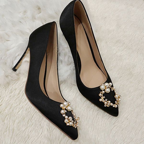 

ladies silken autumn classic female high heels to toe pumps party fashion and black-red wedding shoes 7kcf